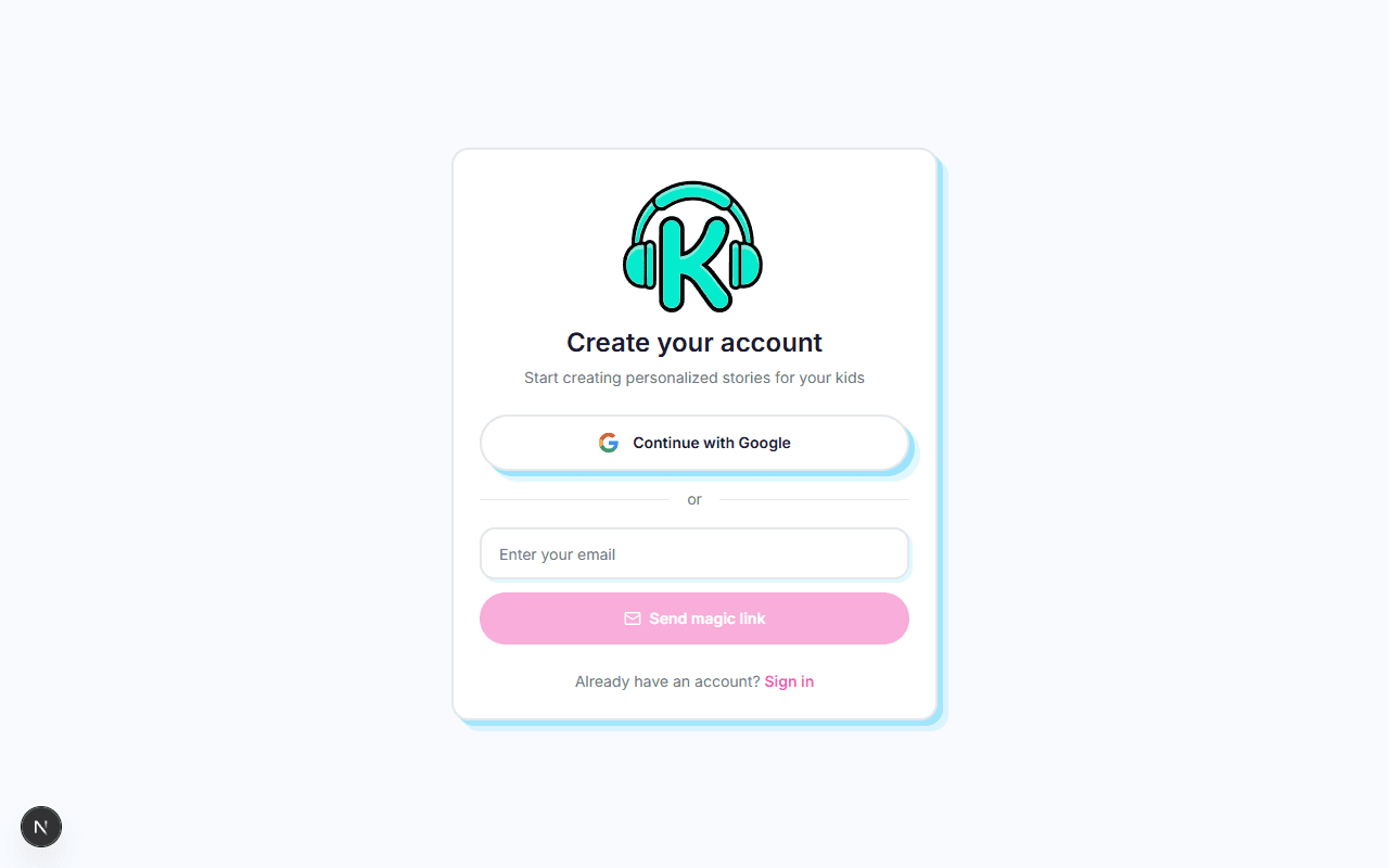 KidTales sign-up screen with Google and email options