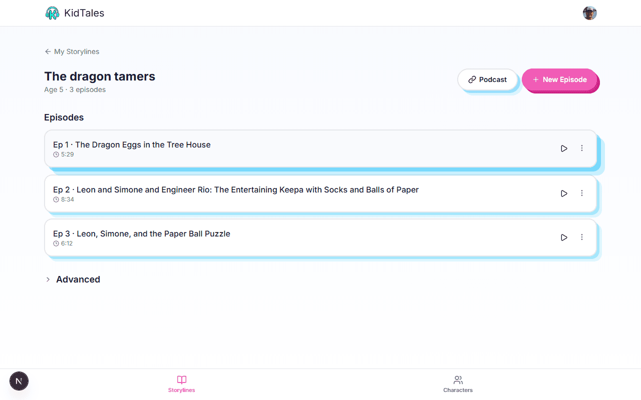Storyline detail page showing episodes with play buttons