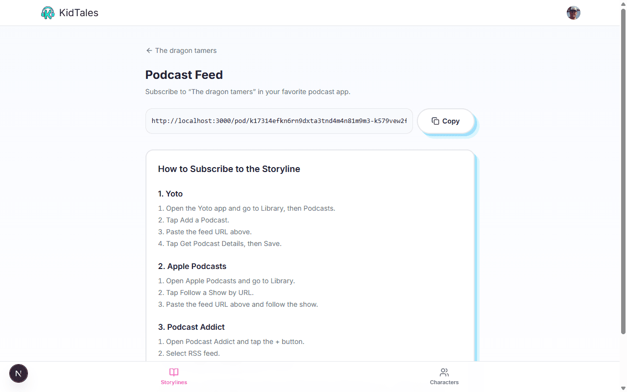 Podcast feed page with RSS link and Yoto setup instructions